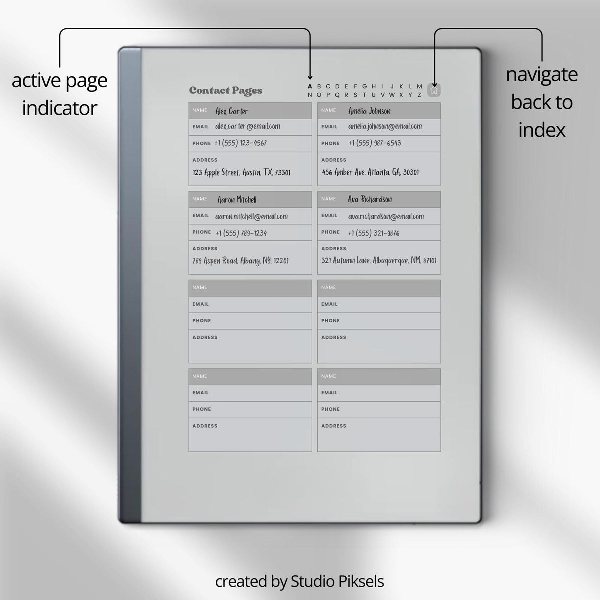 Digital contact book bundle for reMarkable Paper Pure and reMarkable 2 with hyperlinked A-Z sections and organized contact layouts4