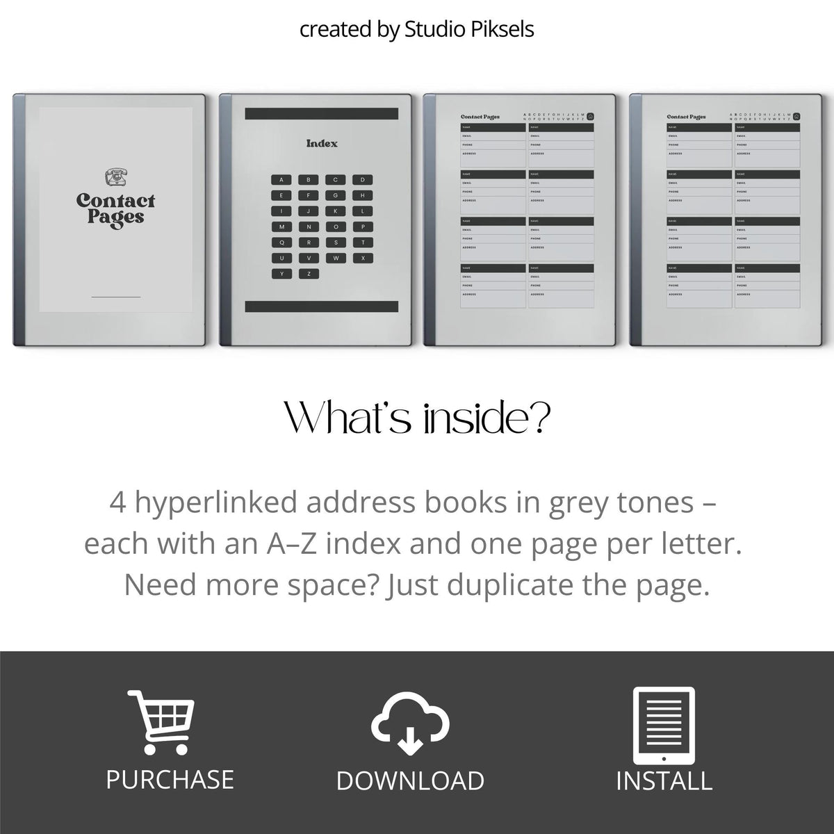 Digital contact book bundle for reMarkable Paper Pure and reMarkable 2 with hyperlinked A-Z sections and organized contact layouts