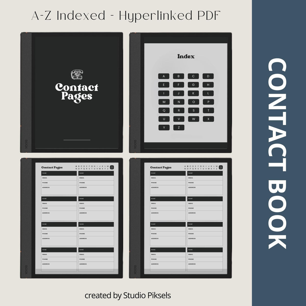 Digital Contact Book Bundle for BOOX with hyperlinked A–Z contact pages and minimalist grey digital organizer layouts.