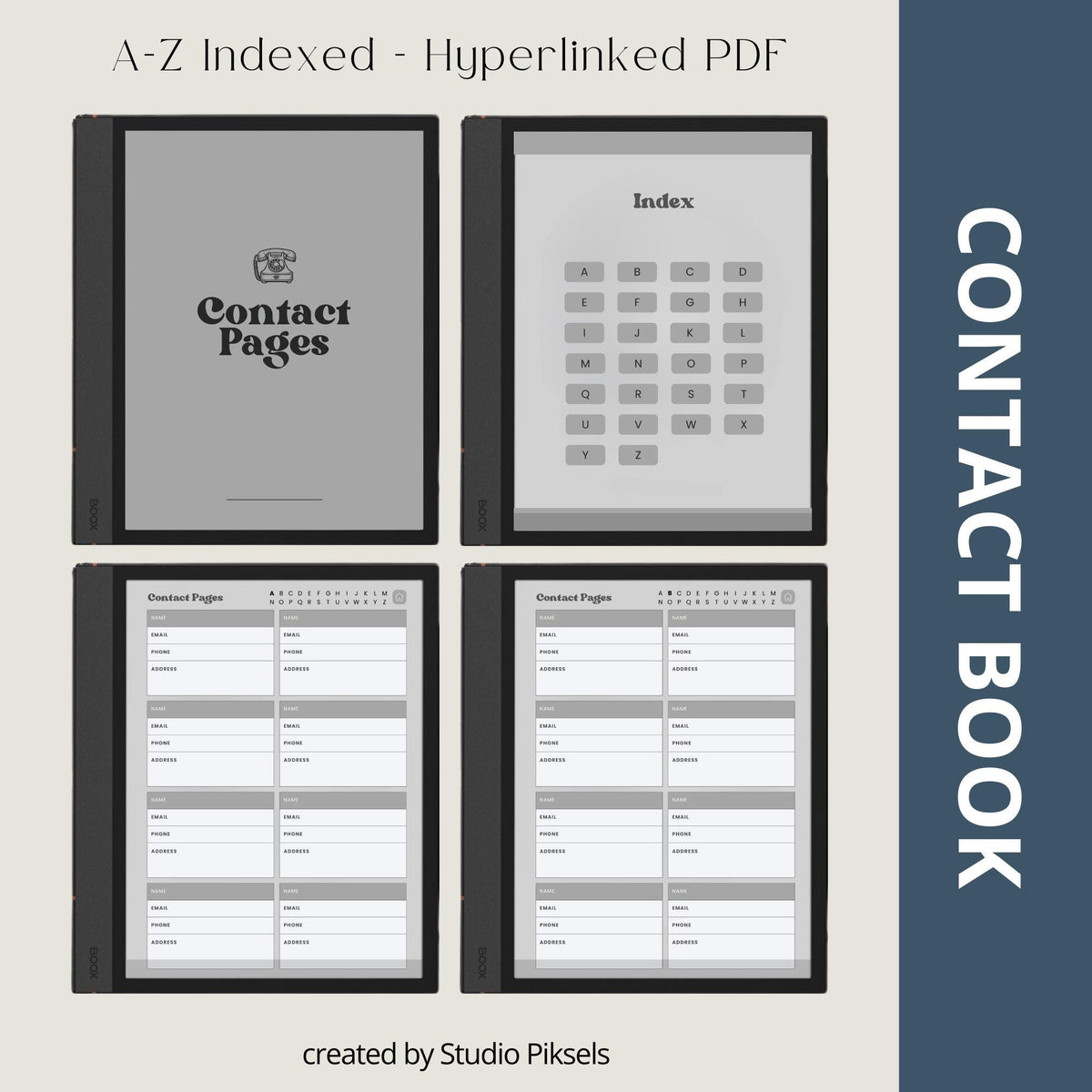 Digital Contact Book Bundle for BOOX with hyperlinked A–Z contact pages and minimalist grey digital organizer layouts.