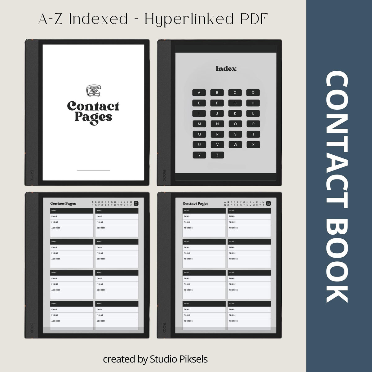 Digital Contact Book Bundle for BOOX with hyperlinked A–Z contact pages and minimalist grey digital organizer layouts.