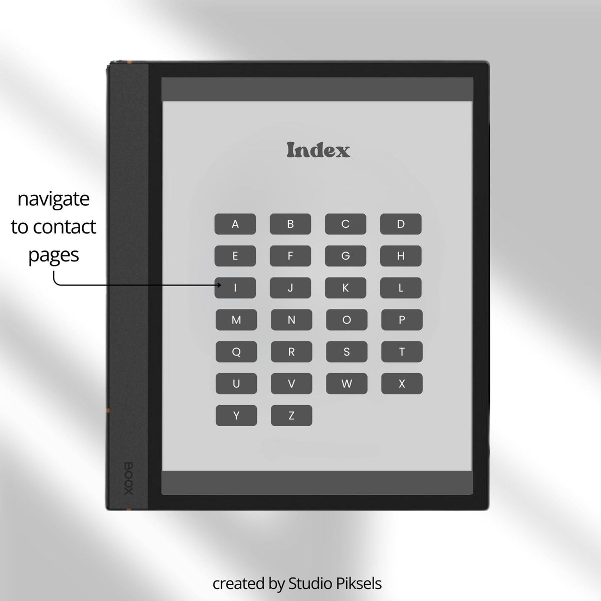 Digital Contact Book Bundle for BOOX with hyperlinked A–Z contact pages and minimalist grey digital organizer layouts.