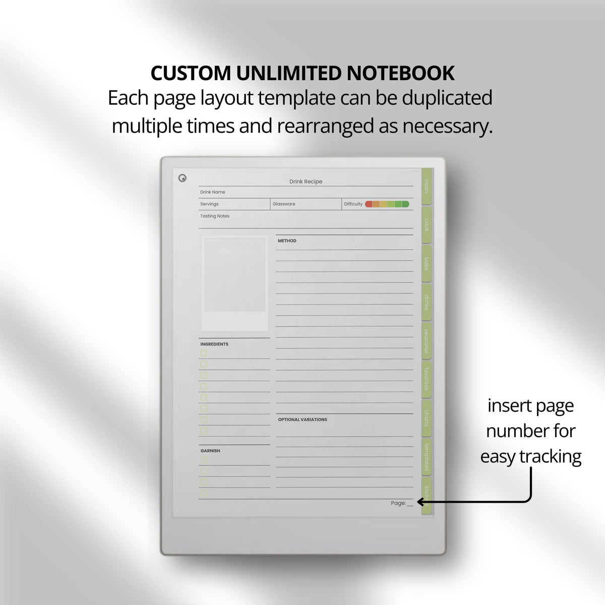 Hyperlinked Recipe Book for reMarkable Paper Pro with customizable recipe templates, meal planning pages, recipe trackers, cooking layouts, and digital cookbook organization tools.