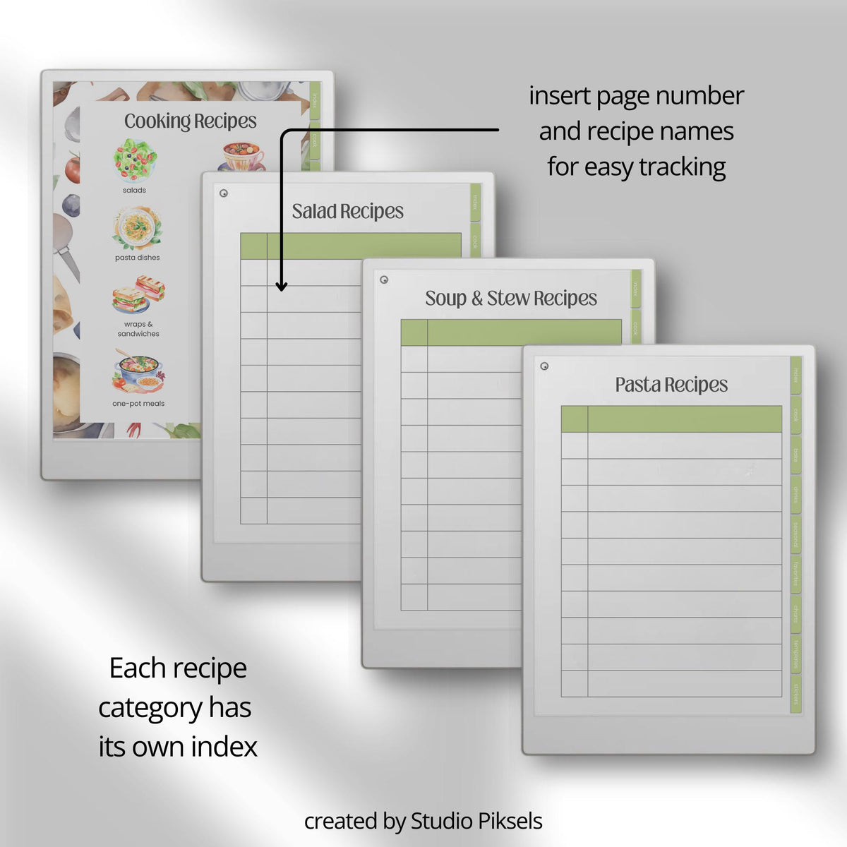 Hyperlinked Recipe Book for reMarkable Paper Pro with customizable recipe templates, meal planning pages, recipe trackers, cooking layouts, and digital cookbook organization tools.