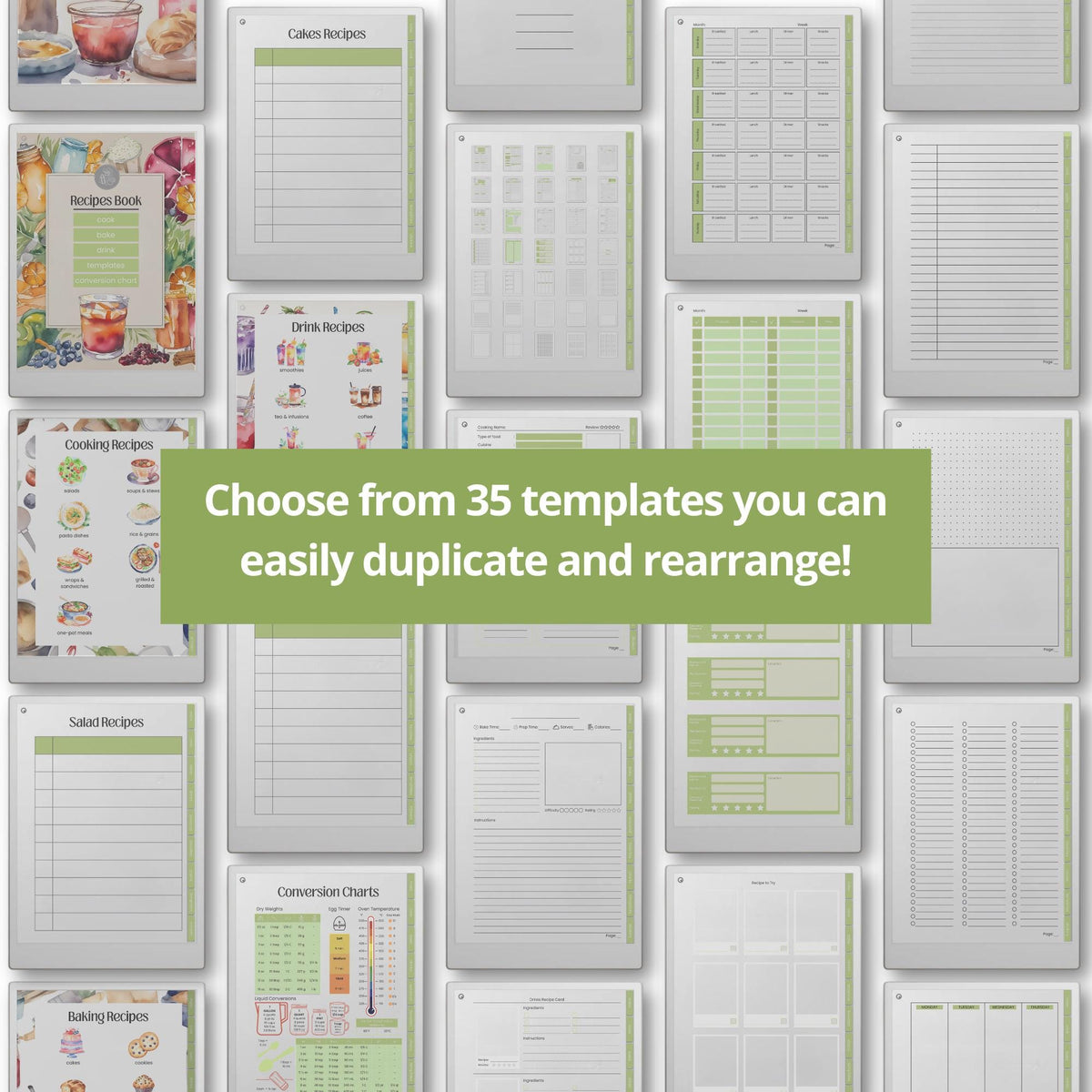 Hyperlinked Recipe Book for reMarkable Paper Pro with customizable recipe templates, meal planning pages, recipe trackers, cooking layouts, and digital cookbook organization tools.