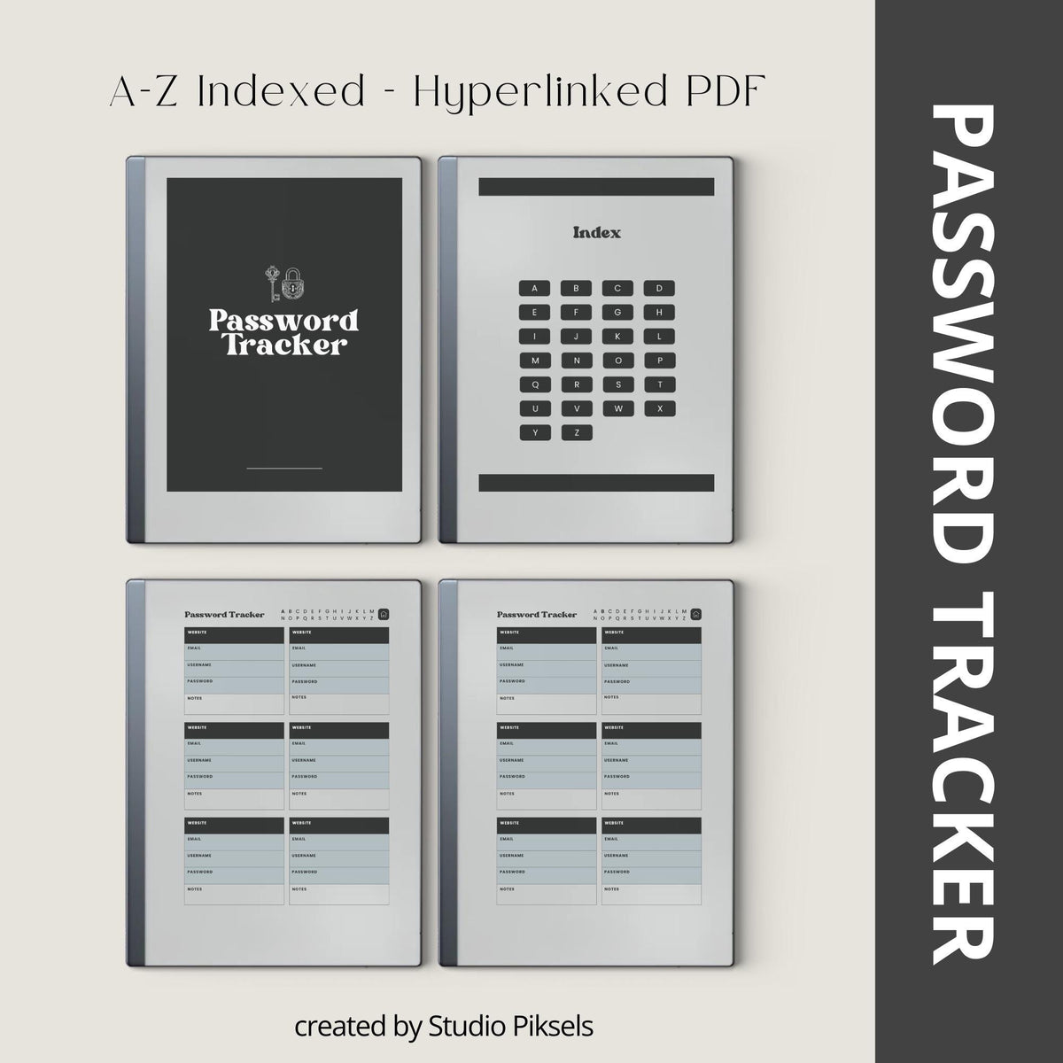 Password Tracker Bundle for reMarkable 2 and reMarkable Paper Pure with hyperlinked A–Z index, greyscale layouts, and digital login organizer pages