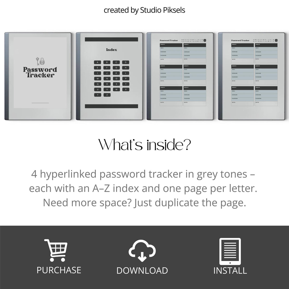 Password Tracker Bundle for reMarkable 2 and reMarkable Paper Pure with hyperlinked A–Z index, greyscale layouts, and digital login organizer pages