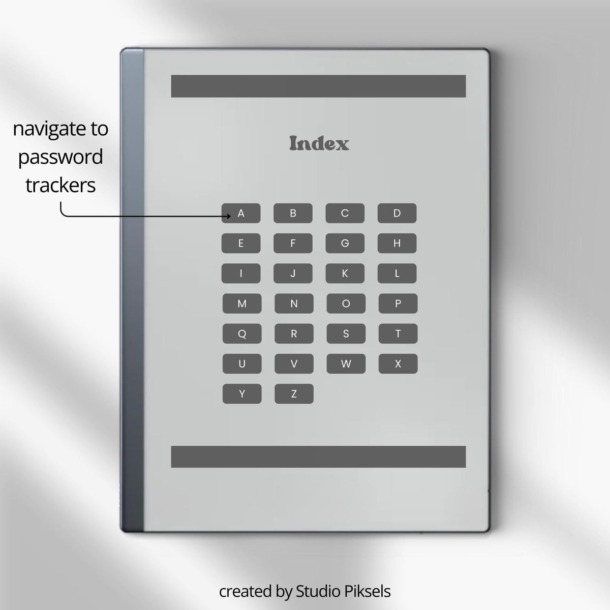 Password Tracker Bundle for reMarkable 2 and reMarkable Paper Pure with hyperlinked A–Z index, greyscale layouts, and digital login organizer pages