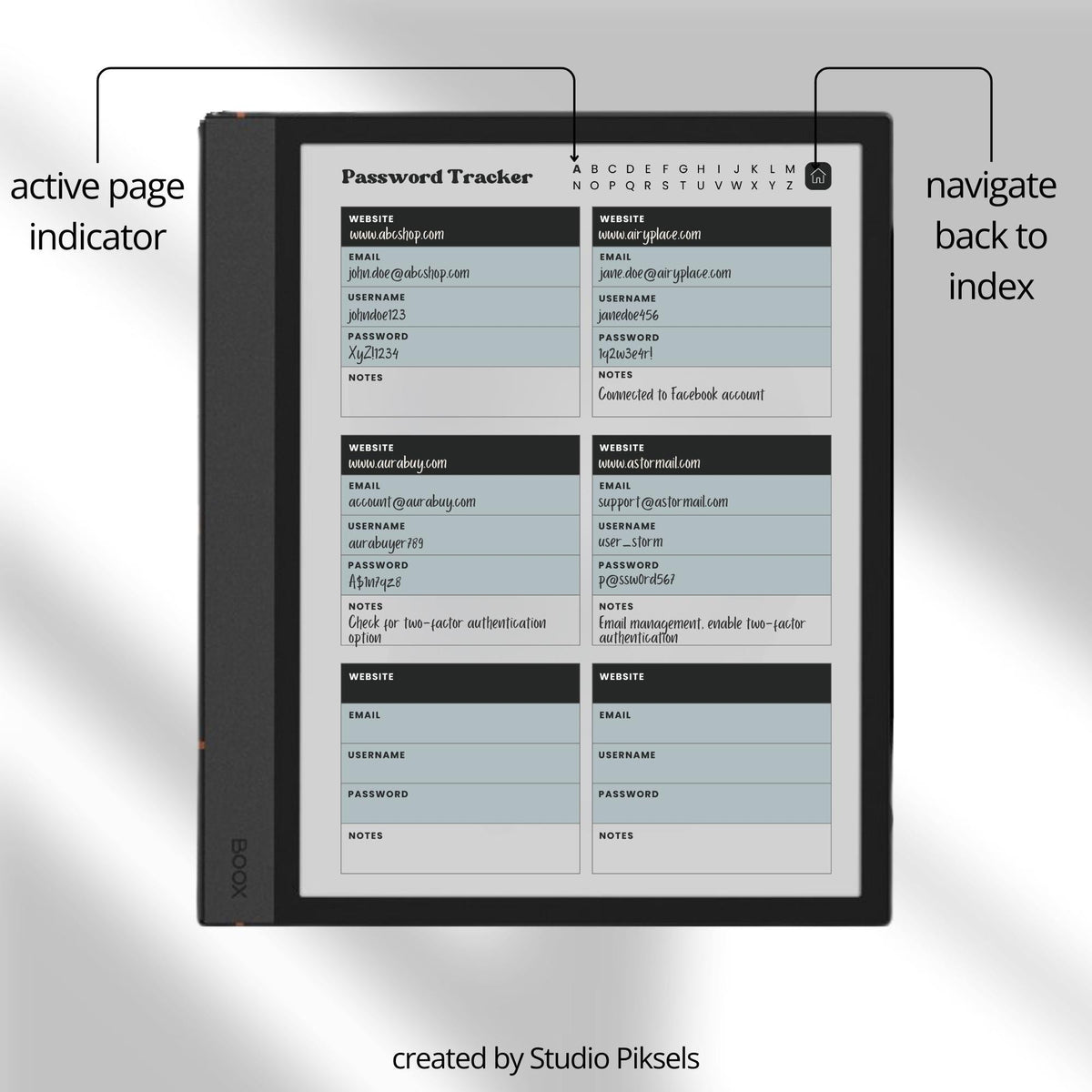 Password Tracker Bundle for BOOX e-Ink tablets with hyperlinked A-Z password pages and grayscale digital organizer layouts.
