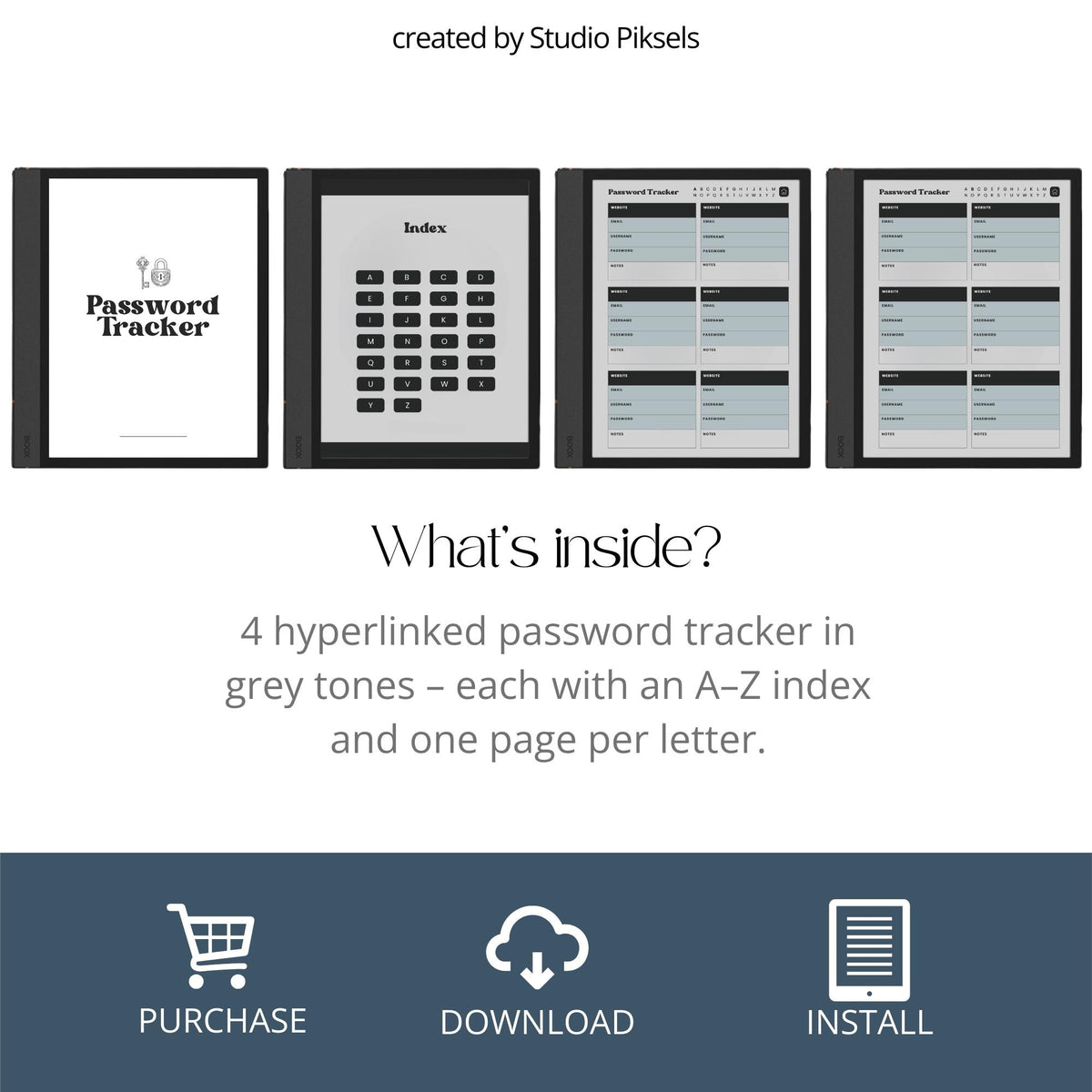 Password Tracker Bundle for BOOX e-Ink tablets with hyperlinked A-Z password pages and grayscale digital organizer layouts.