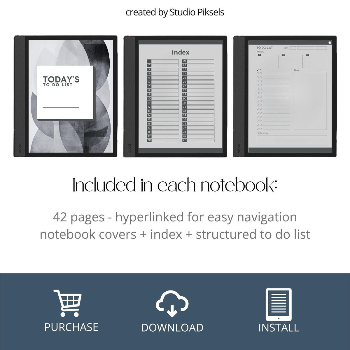 To Do List Bundle for BOOX with hyperlinked task planning pages, productivity layouts, and monochrome digital notebook designs.