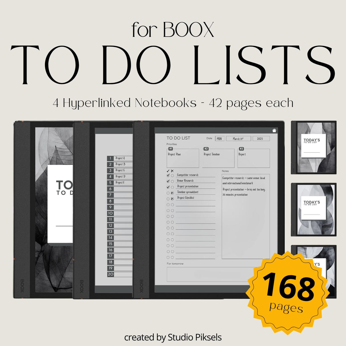 To Do List Bundle for BOOX with hyperlinked task planning pages, productivity layouts, and monochrome digital notebook designs.