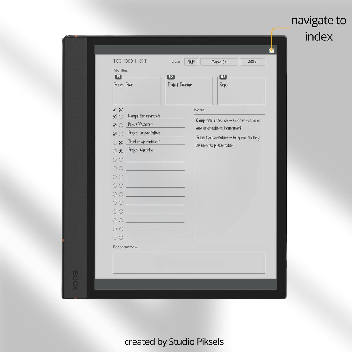 To Do List Bundle for BOOX with hyperlinked task planning pages, productivity layouts, and monochrome digital notebook designs.