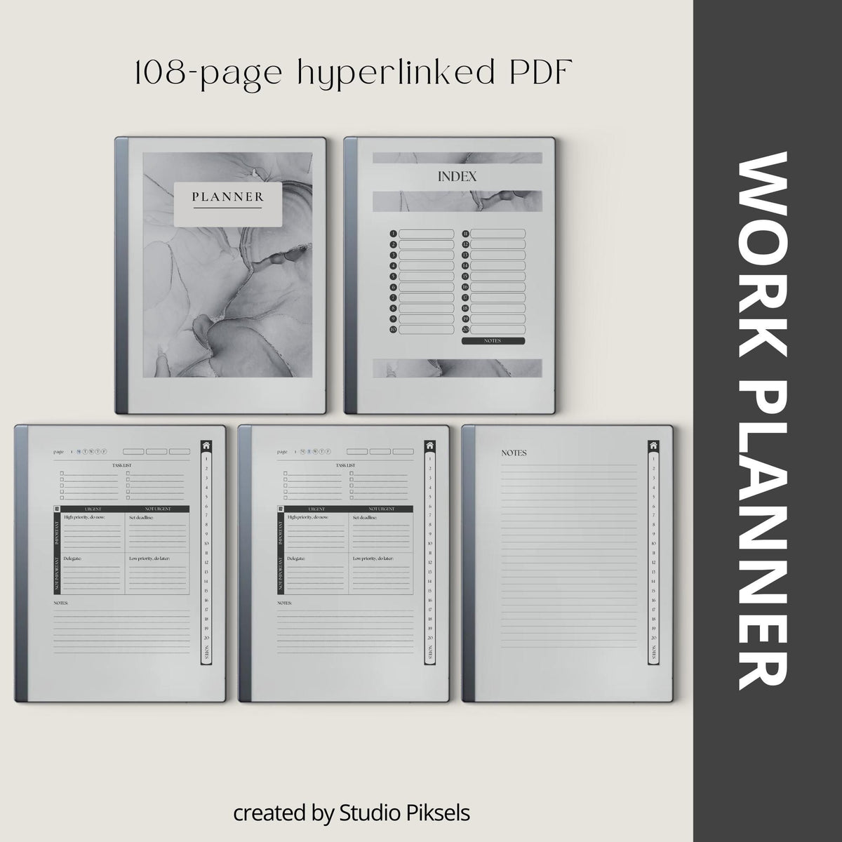 Digital Work Planner for reMarkable 2 with Eisenhower Matrix planning pages, task management layouts, project planner sections, to do lists, notes pages, and hyperlinked PDF navigation.