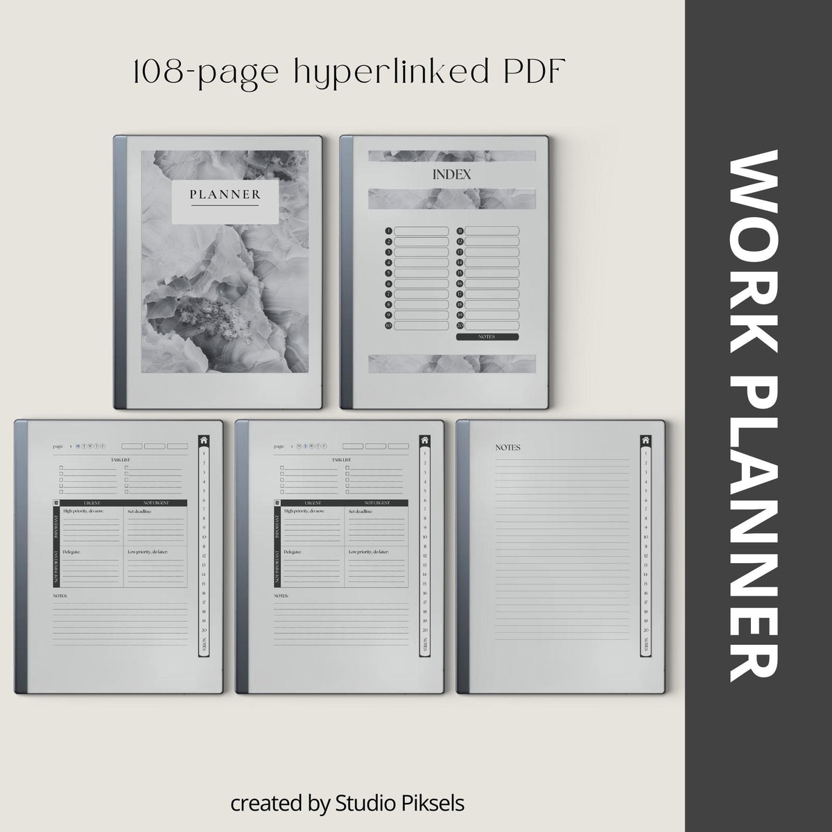 Digital Work Planner for reMarkable 2 with Eisenhower Matrix planning pages, task management layouts, project planner sections, to do lists, notes pages, and hyperlinked PDF navigation.