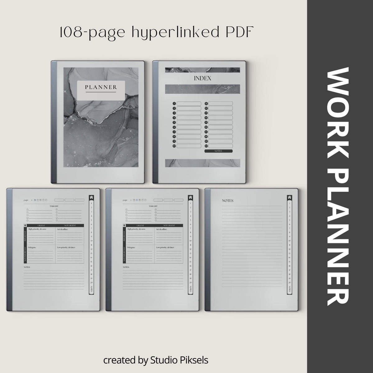 Digital Work Planner for reMarkable 2 with Eisenhower Matrix planning pages, task management layouts, project planner sections, to do lists, notes pages, and hyperlinked PDF navigation.