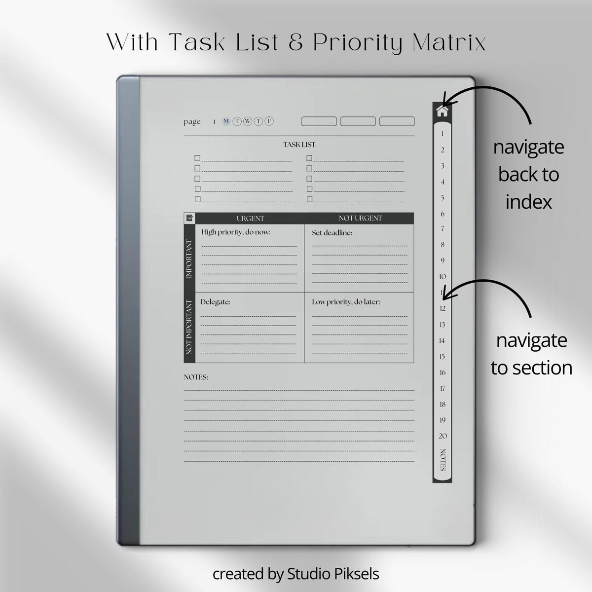 Digital Work Planner for reMarkable 2 with Eisenhower Matrix planning pages, task management layouts, project planner sections, to do lists, notes pages, and hyperlinked PDF navigation.
