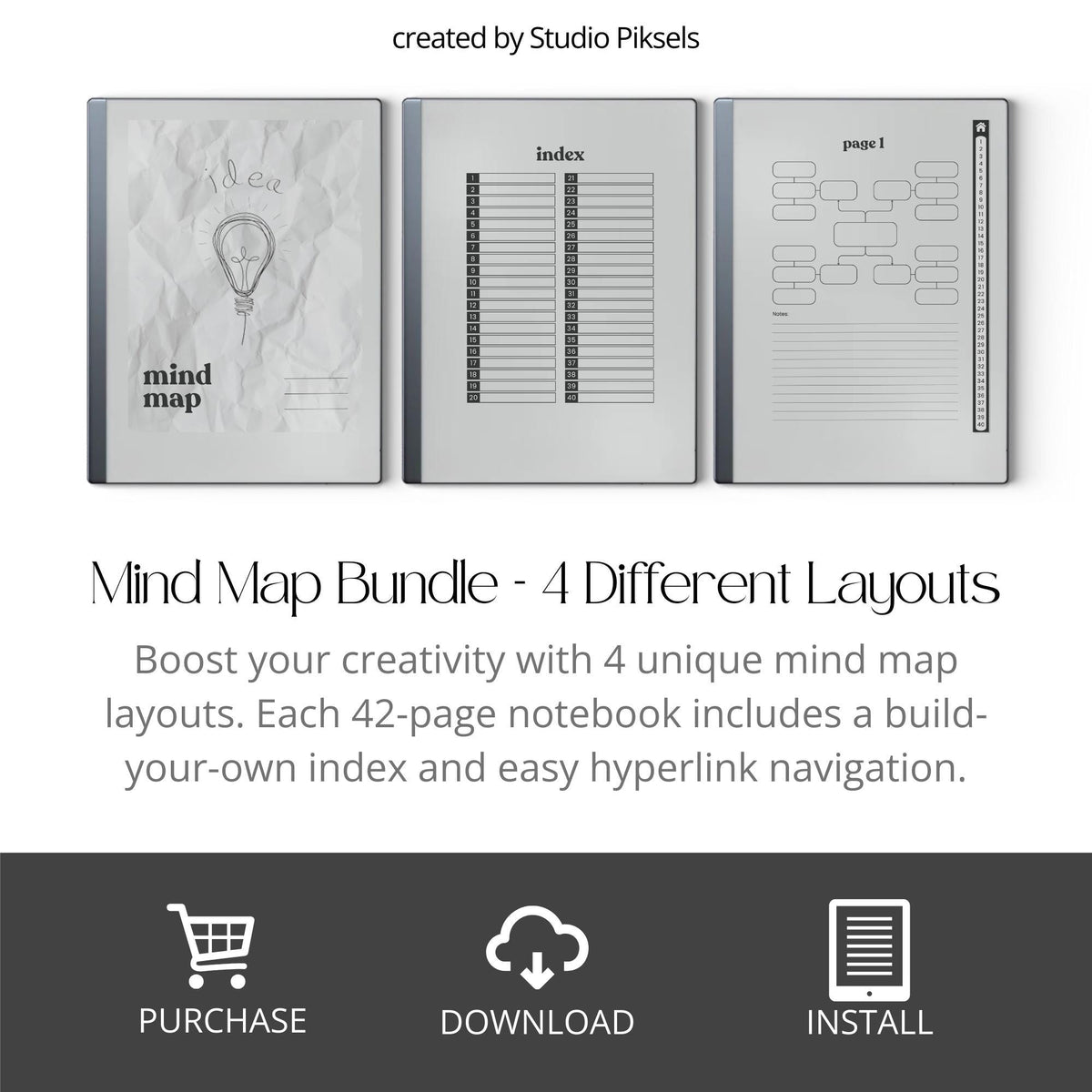 Mind Map Bundle for reMarkable 2 and reMarkable Paper Pure featuring hyperlinked brainstorming notebooks with reusable mind mapping layouts and lined notes sections