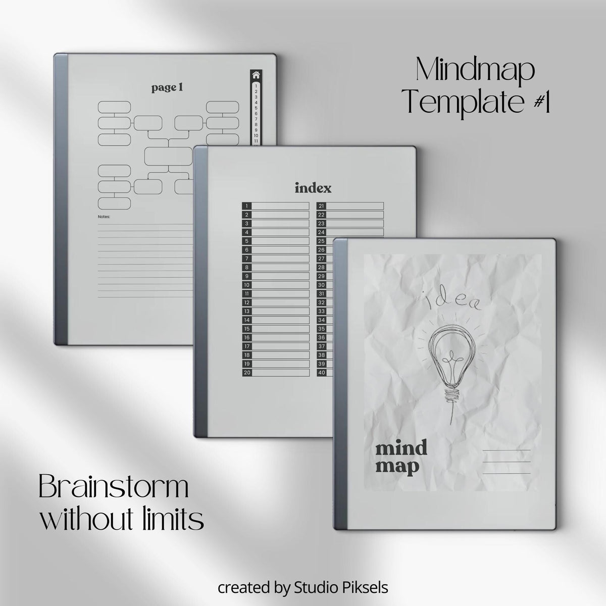 Mind Map Bundle for reMarkable 2 and reMarkable Paper Pure featuring hyperlinked brainstorming notebooks with reusable mind mapping layouts and lined notes sections