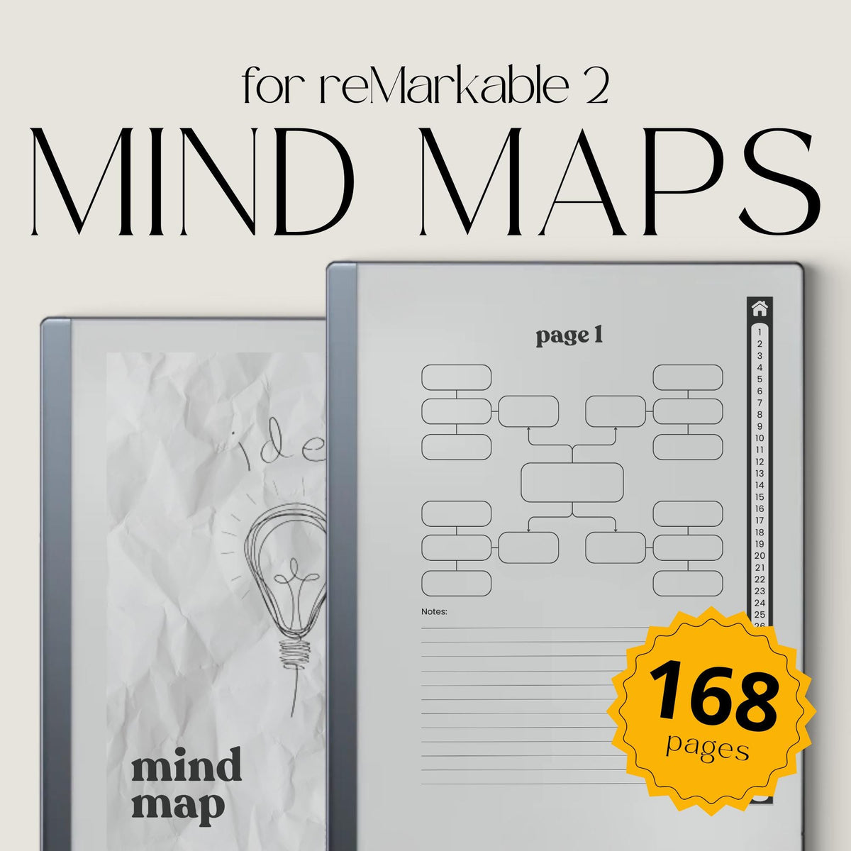 Mind Map Bundle for reMarkable 2 and reMarkable Paper Pure featuring hyperlinked brainstorming notebooks with reusable mind mapping layouts and lined notes sections