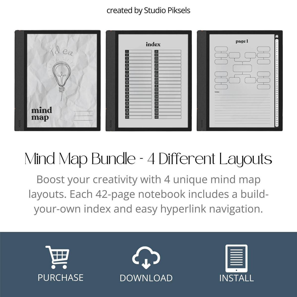 Mind Map Bundle for BOOX tablets with hyperlinked mind mapping pages, visual brainstorming layouts, and grayscale digital notebooks.