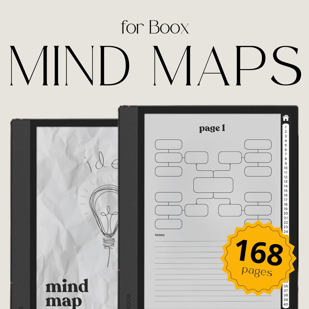 Mind Map Bundle for BOOX tablets with hyperlinked mind mapping pages, visual brainstorming layouts, and grayscale digital notebooks.