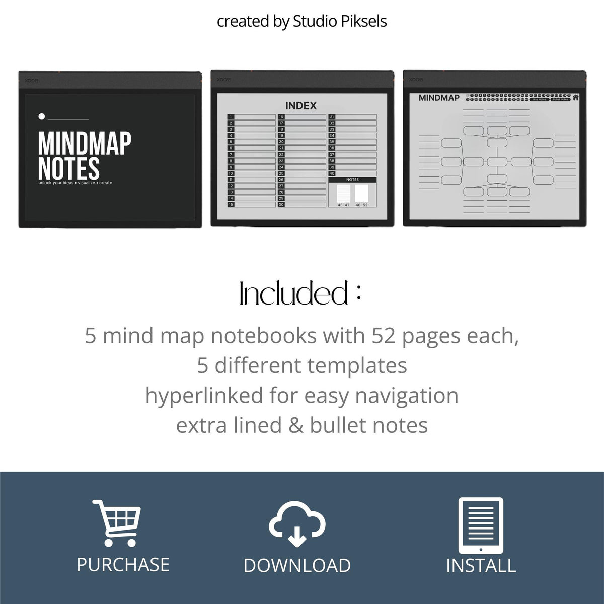Meeting Minutes Notebook Bundle for BOOX with hyperlinked meeting note pages, customizable indexes, and professional grayscale layouts.