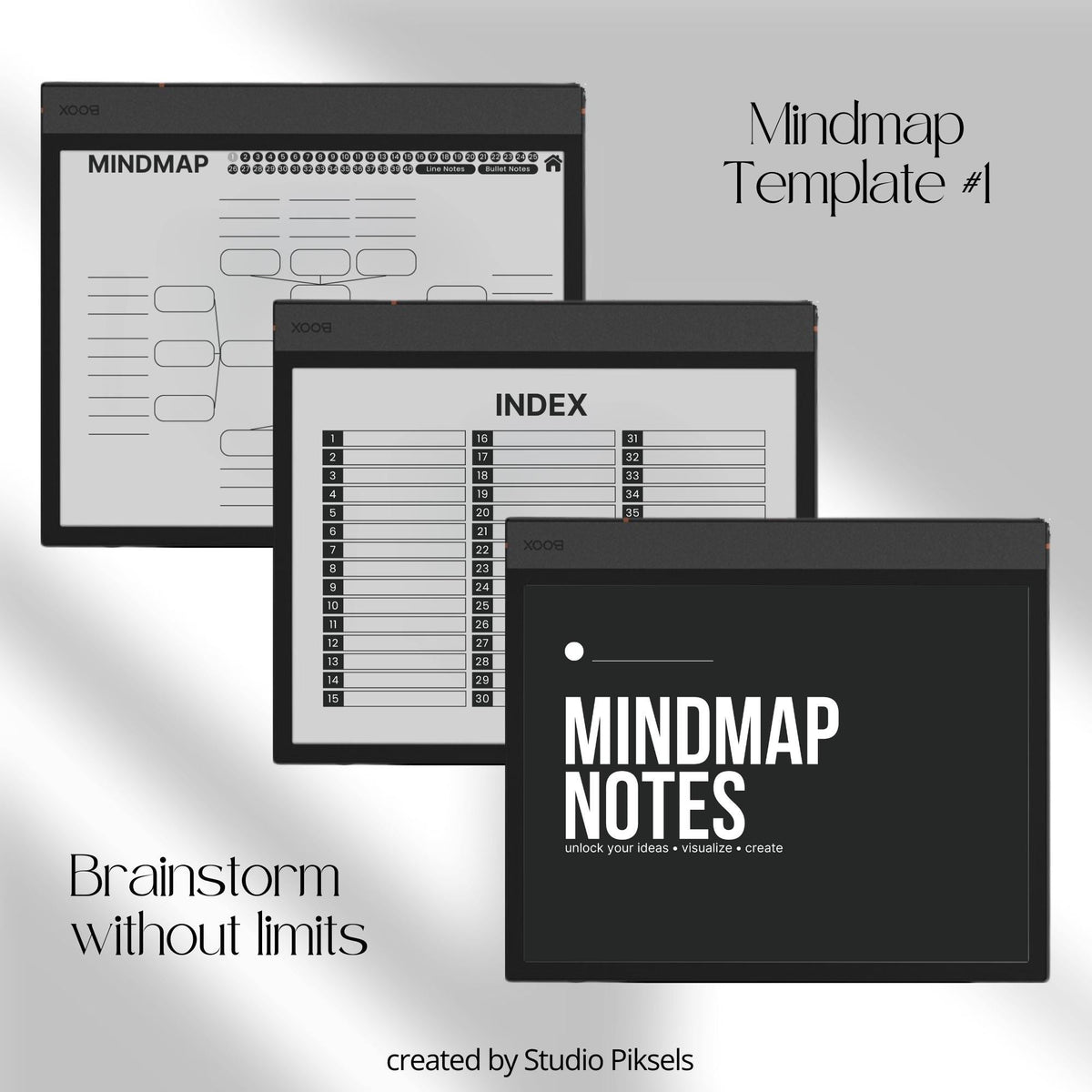 Meeting Minutes Notebook Bundle for BOOX with hyperlinked meeting note pages, customizable indexes, and professional grayscale layouts.