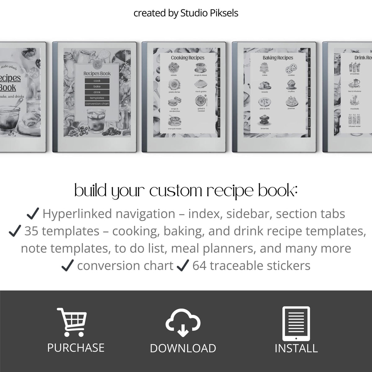 Unlimited Recipe Book PDF for reMarkable 2 and Paper Pure with grayscale recipe templates, clickable indexes, and digital cookbook pages.