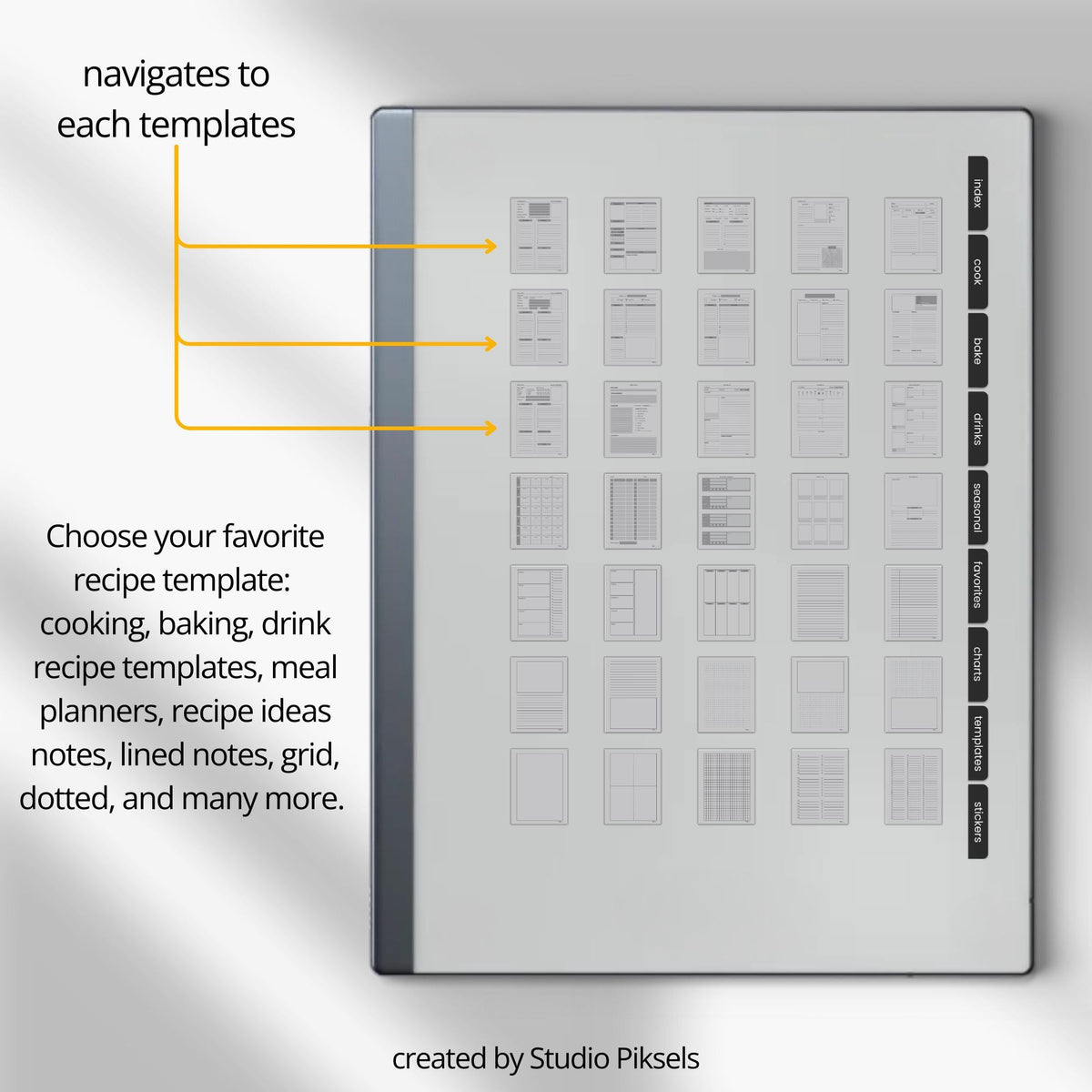 Unlimited Recipe Book PDF for reMarkable 2 and Paper Pure with grayscale recipe templates, clickable indexes, and digital cookbook pages.
