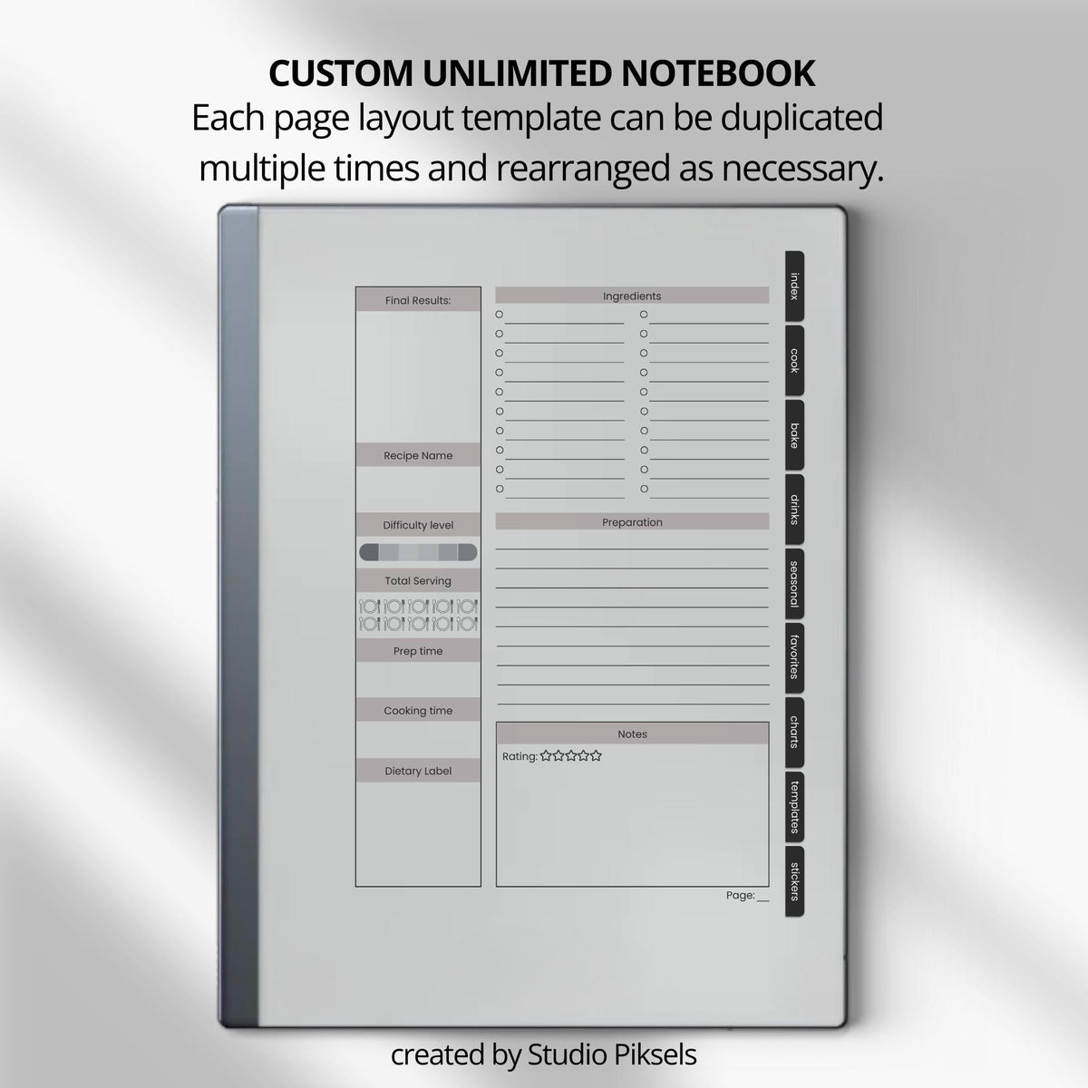 Unlimited Recipe Book PDF for reMarkable 2 and Paper Pure with grayscale recipe templates, clickable indexes, and digital cookbook pages.