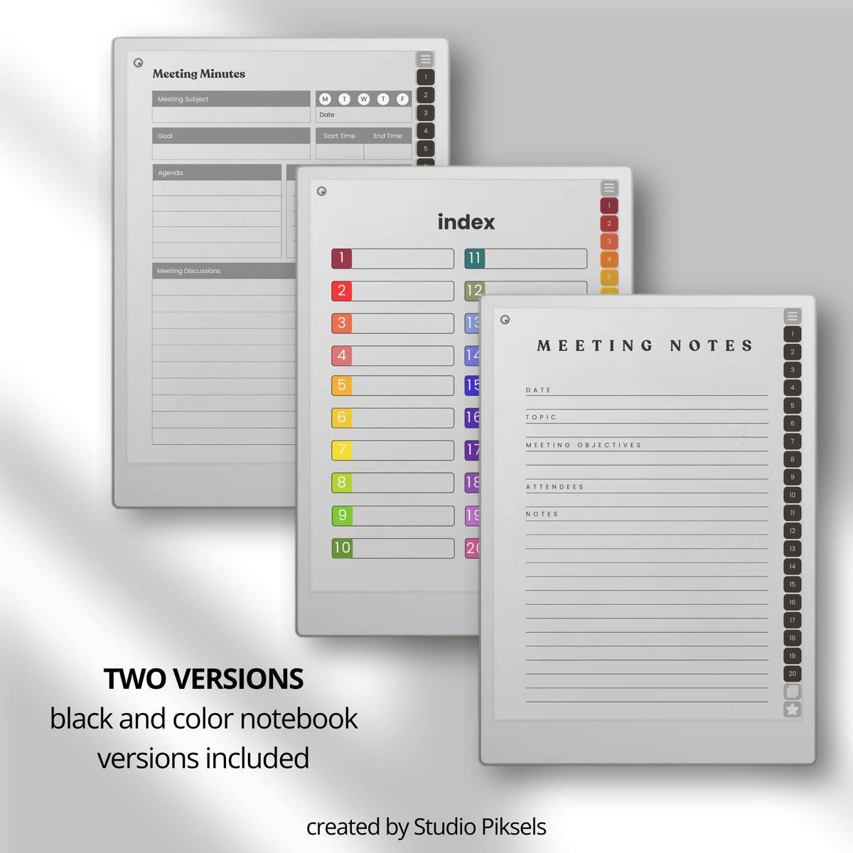 Hyperlinked meeting notebook for reMarkable Paper Pro featuring customizable meeting templates, linked sections, digital stickers, task tracking layouts, and organized business planning pages for structured digital note-taking and productivity management.