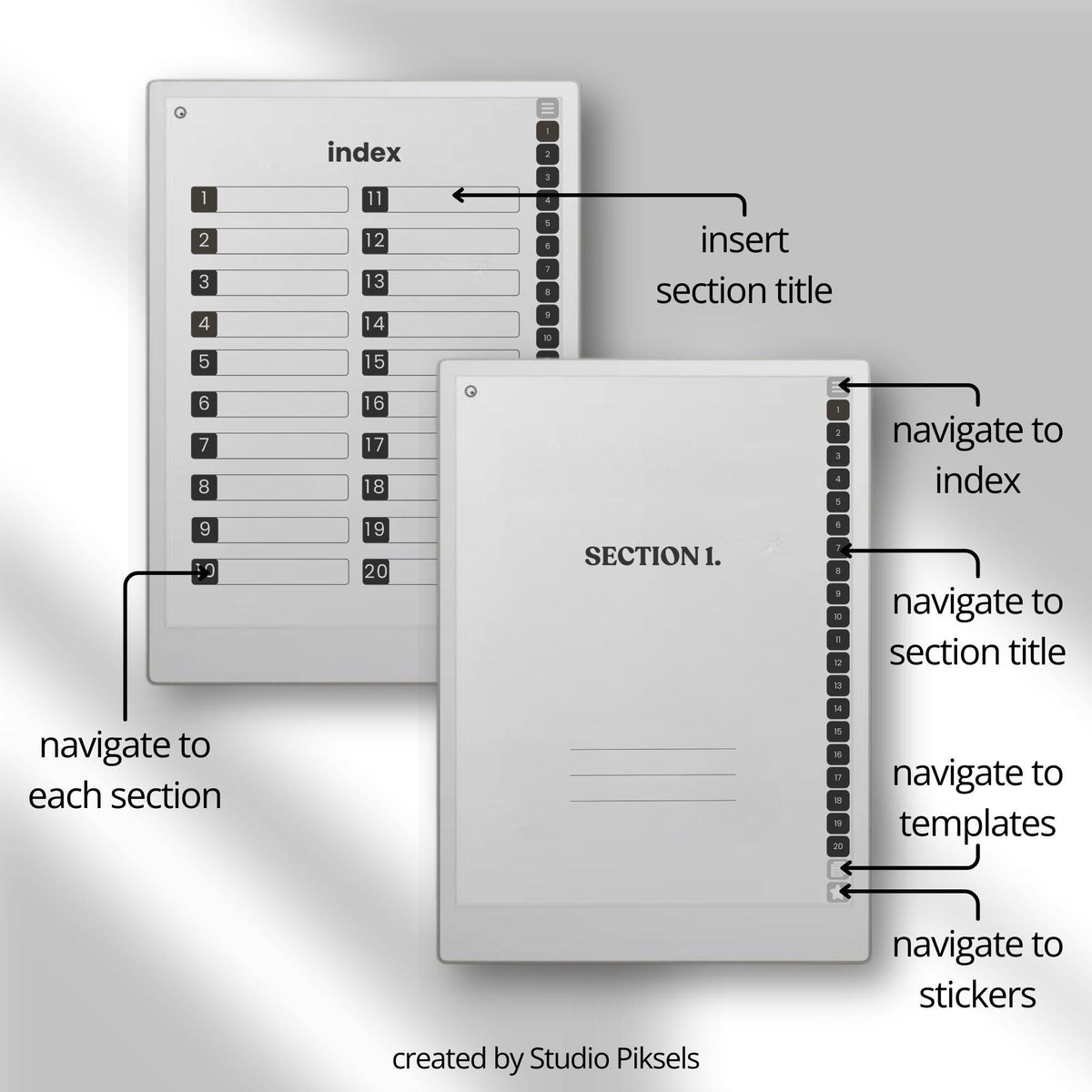 Hyperlinked meeting notebook for reMarkable Paper Pro featuring customizable meeting templates, linked sections, digital stickers, task tracking layouts, and organized business planning pages for structured digital note-taking and productivity management.