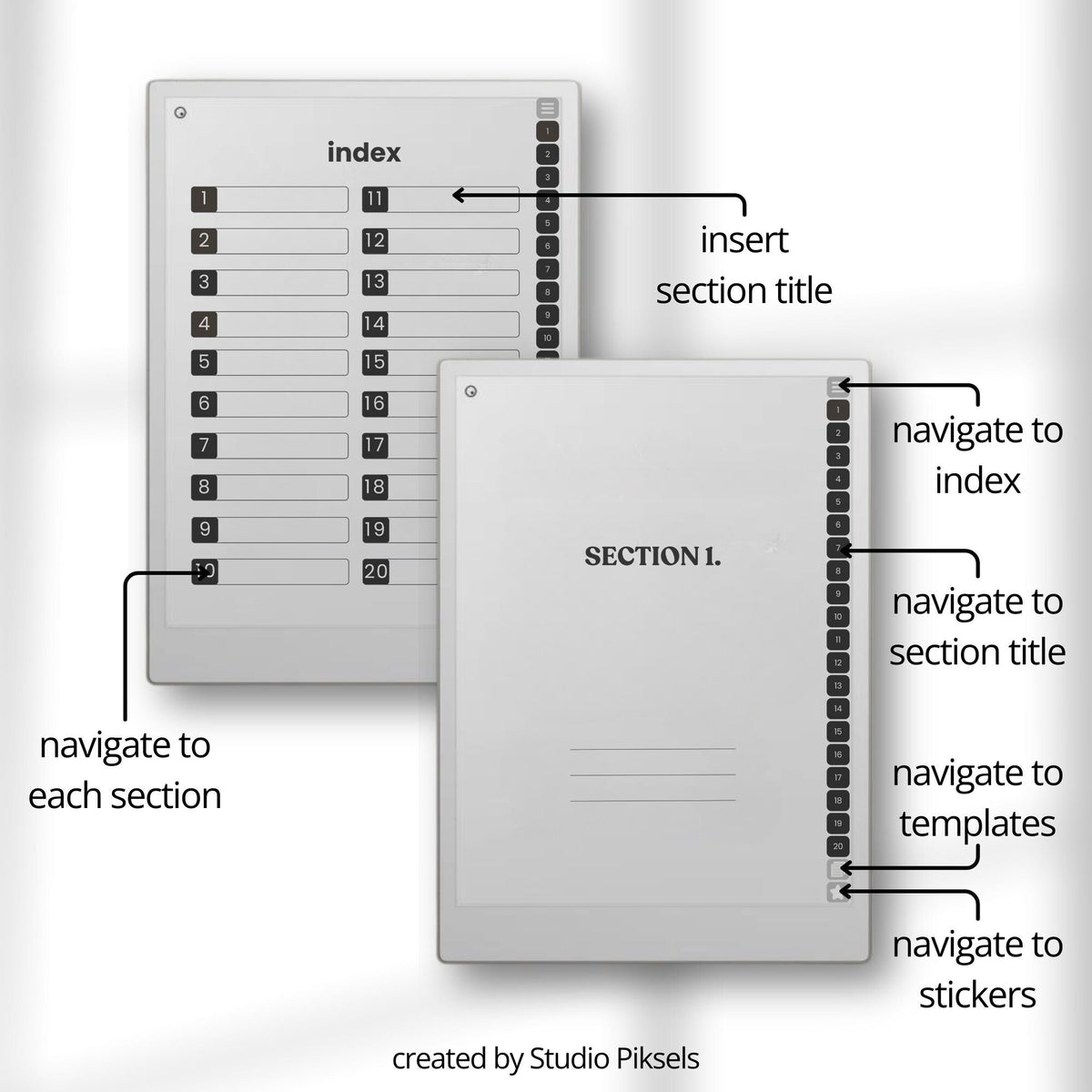 Hyperlinked mind map notebook for reMarkable Paper Pro featuring customizable templates, linked sections, reusable stickers, planners, and brainstorming layouts for digital planning and visual organization.