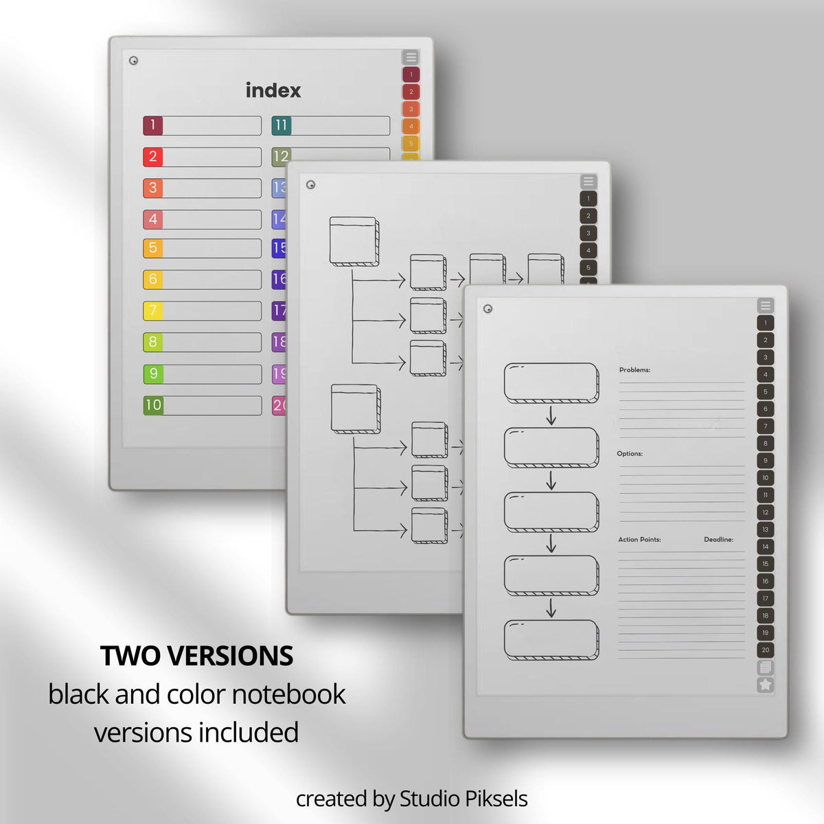 Hyperlinked mind map notebook for reMarkable Paper Pro featuring customizable templates, linked sections, reusable stickers, planners, and brainstorming layouts for digital planning and visual organization.