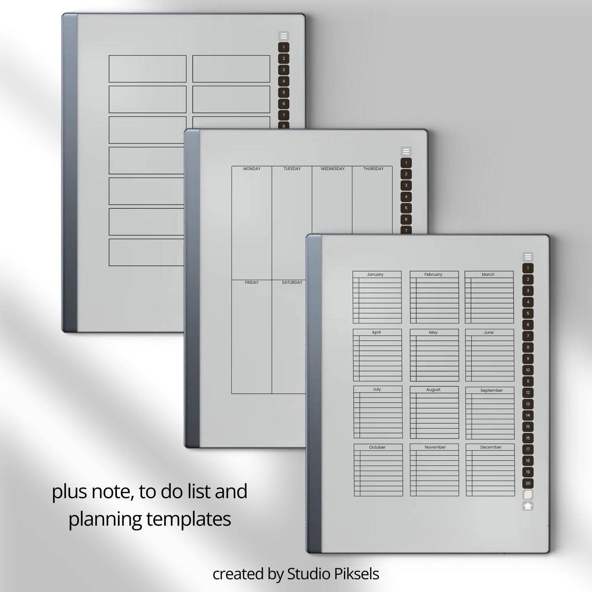 Unlimited Meeting Notes PDF for reMarkable 2 and Paper Pure with clickable templates, grayscale meeting pages, and hyperlinked navigation