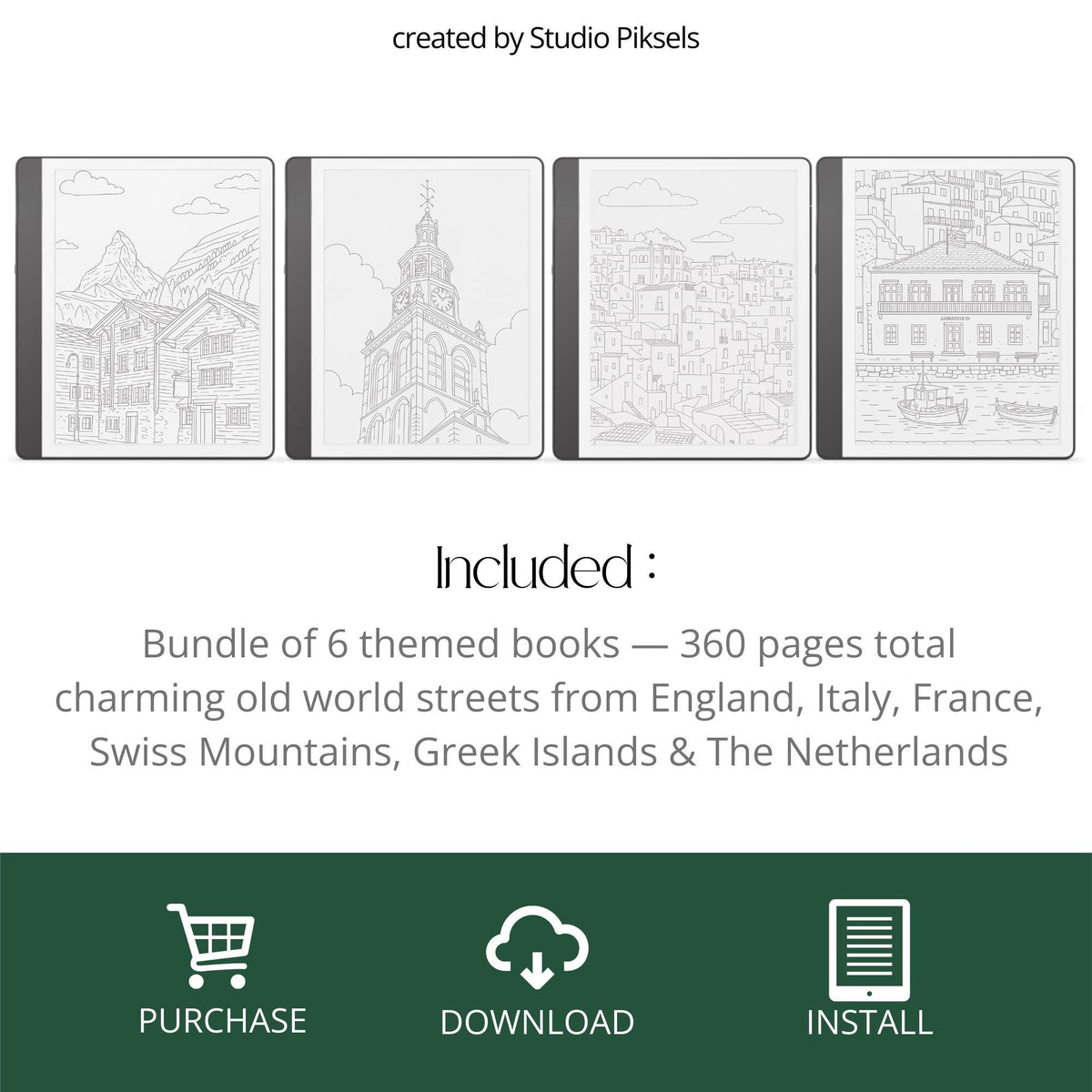 Europe Tracing Book Bundle for Kindle Scribe featuring European street scenes, cottages, canals, villages, and coastal tracing pages inspired by England, Italy, France, Greece, Switzerland, and the Netherlands.
