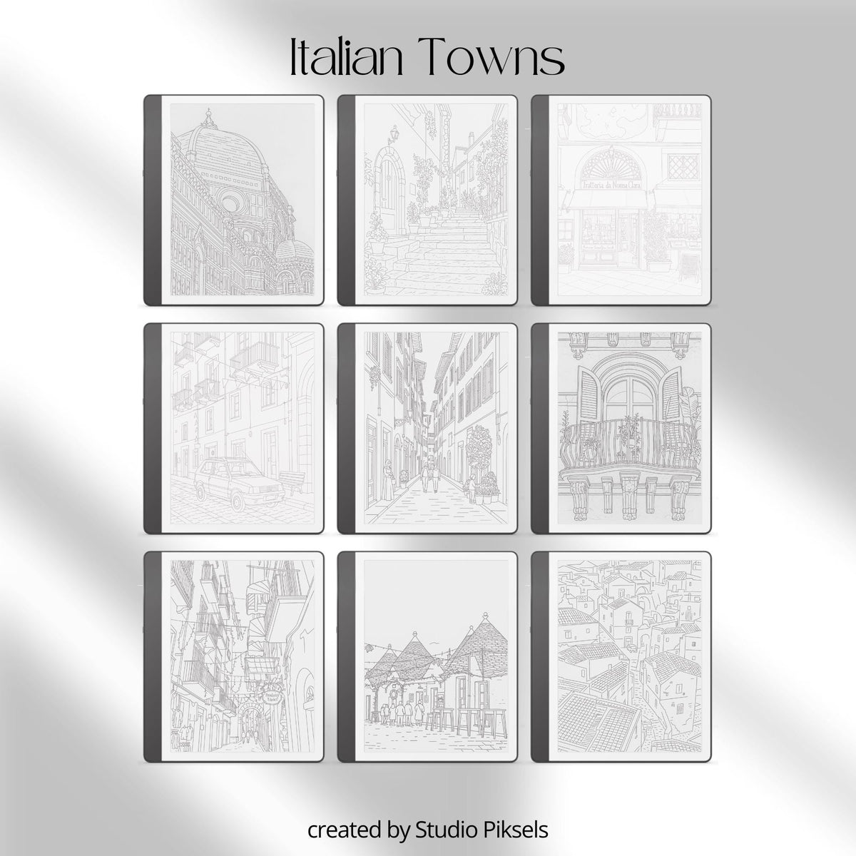 Europe Tracing Book Bundle for Kindle Scribe featuring European street scenes, cottages, canals, villages, and coastal tracing pages inspired by England, Italy, France, Greece, Switzerland, and the Netherlands.