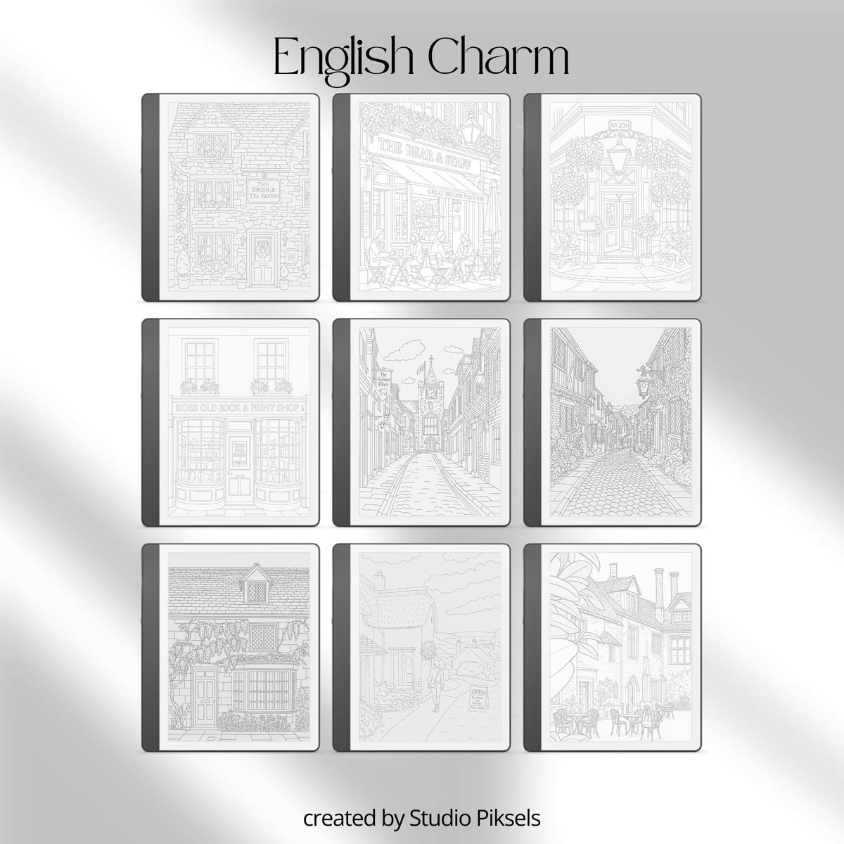 Europe Tracing Book Bundle for Kindle Scribe featuring European street scenes, cottages, canals, villages, and coastal tracing pages inspired by England, Italy, France, Greece, Switzerland, and the Netherlands.