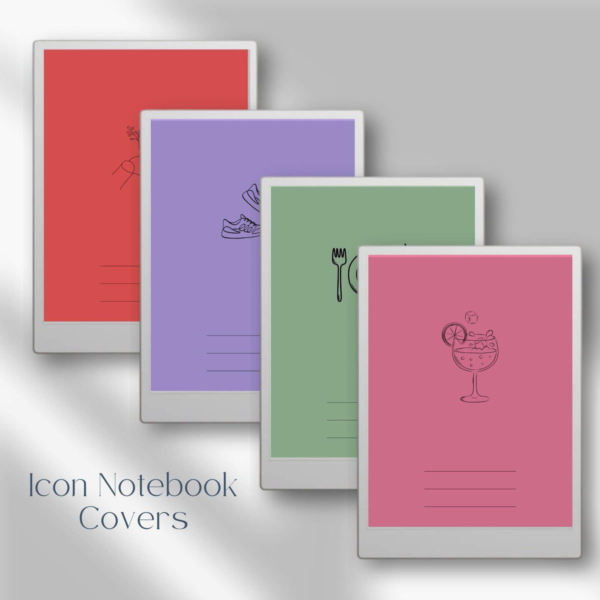 Organize your digital notebooks with this Icon Notebook Cover Bundle designed for reMarkable Paper Pro. This collection includes 25 colorful notebook covers with minimal line-art icons to help you quickly identify notebooks by category, topic, or purpose.