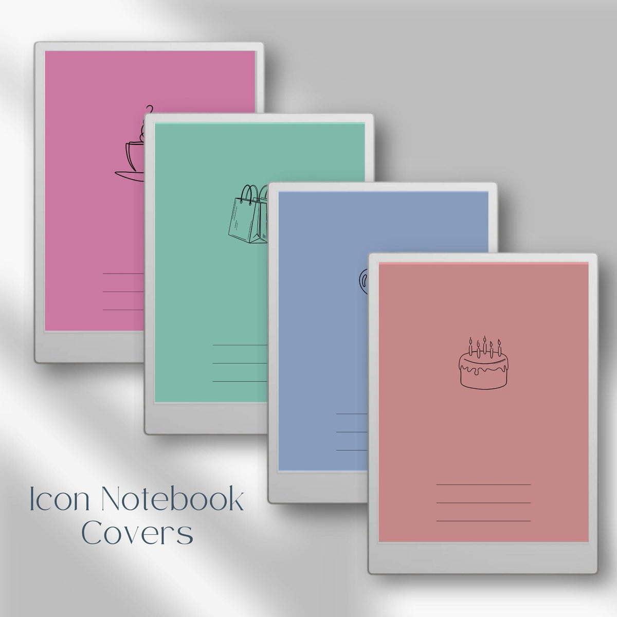 Organize your digital notebooks with this Icon Notebook Cover Bundle designed for reMarkable Paper Pro. This collection includes 25 colorful notebook covers with minimal line-art icons to help you quickly identify notebooks by category, topic, or purpose.