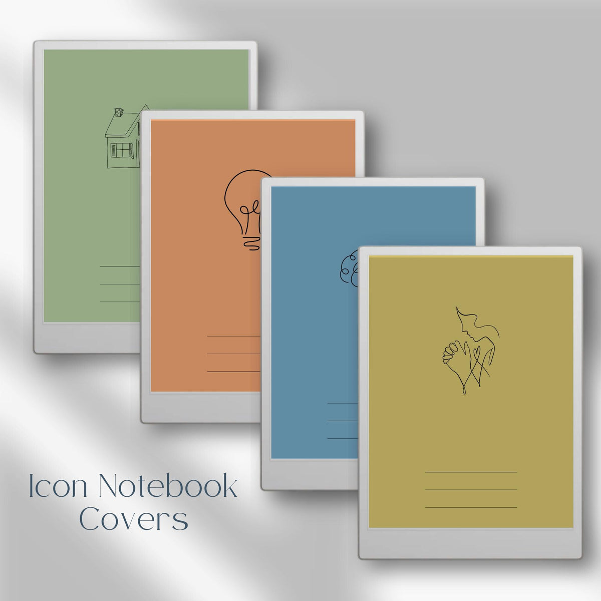 Organize your digital notebooks with this Icon Notebook Cover Bundle designed for reMarkable Paper Pro. This collection includes 25 colorful notebook covers with minimal line-art icons to help you quickly identify notebooks by category, topic, or purpose.