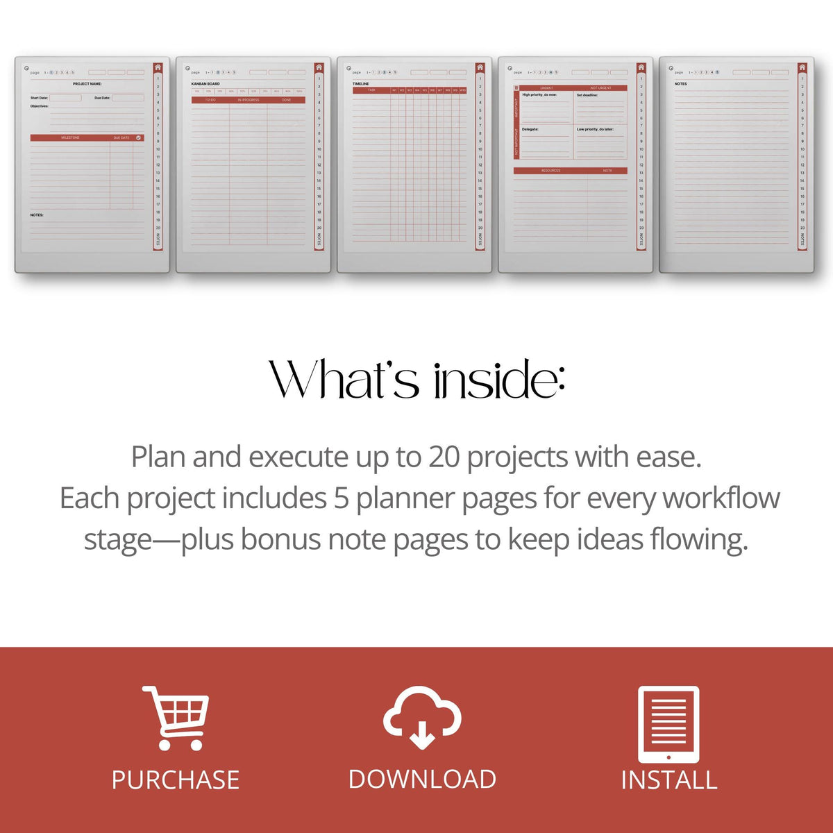 Project Planner for reMarkable Paper Pro with hyperlinked workflow pages, Kanban boards, Eisenhower Matrix layouts, timeline planners, and digital productivity tools.