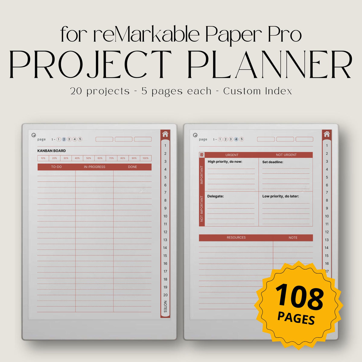 Project Planner for reMarkable Paper Pro with hyperlinked workflow pages, Kanban boards, Eisenhower Matrix layouts, timeline planners, and digital productivity tools.