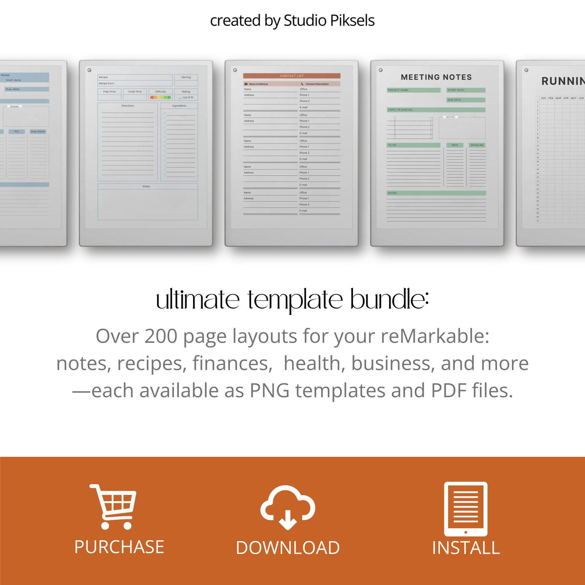 Starter Template Bundle for reMarkable Paper Pro with over 200 minimalist page layouts, productivity tracking forms, and clean digital note-taking templates.