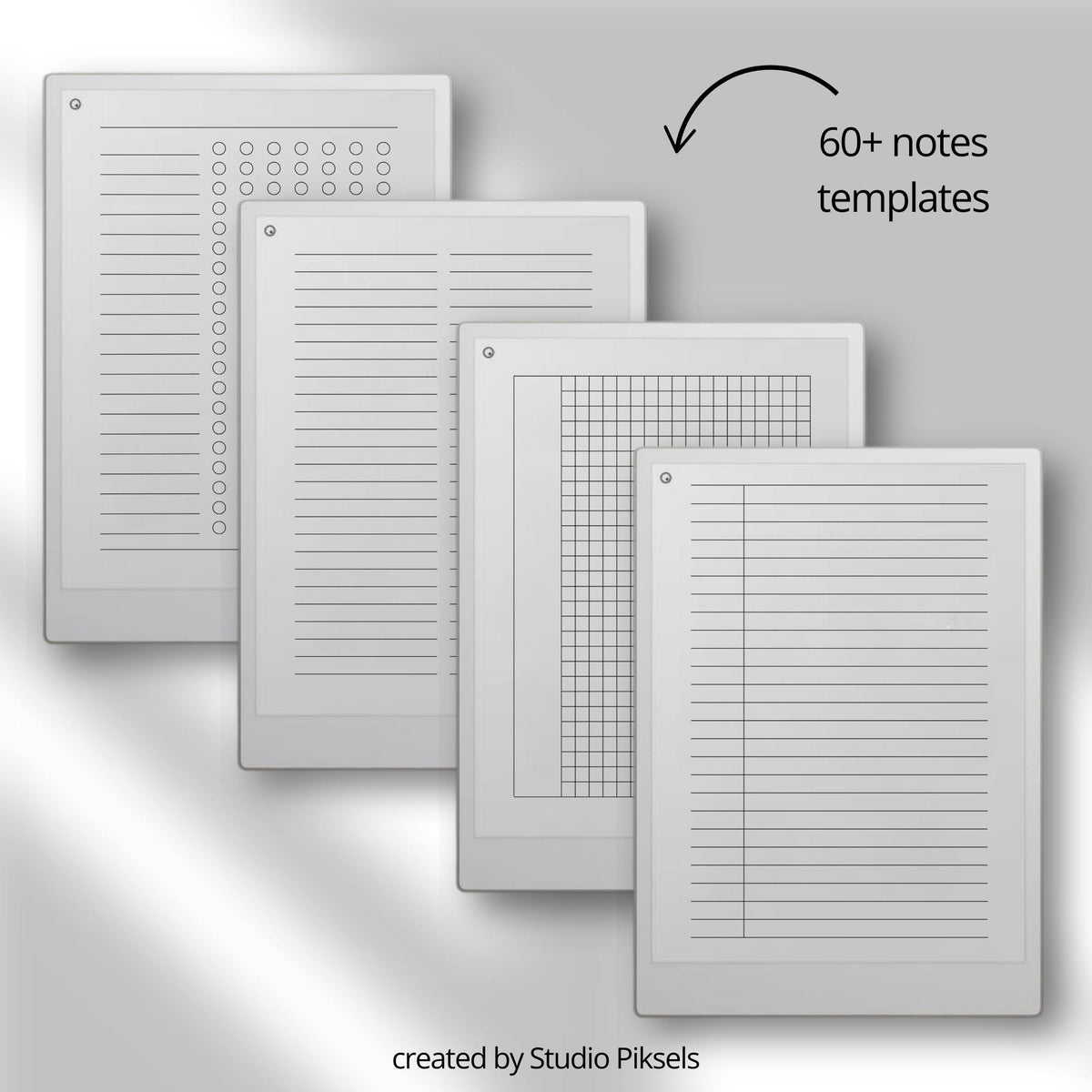 Starter Template Bundle for reMarkable Paper Pro with over 200 minimalist page layouts, productivity tracking forms, and clean digital note-taking templates.