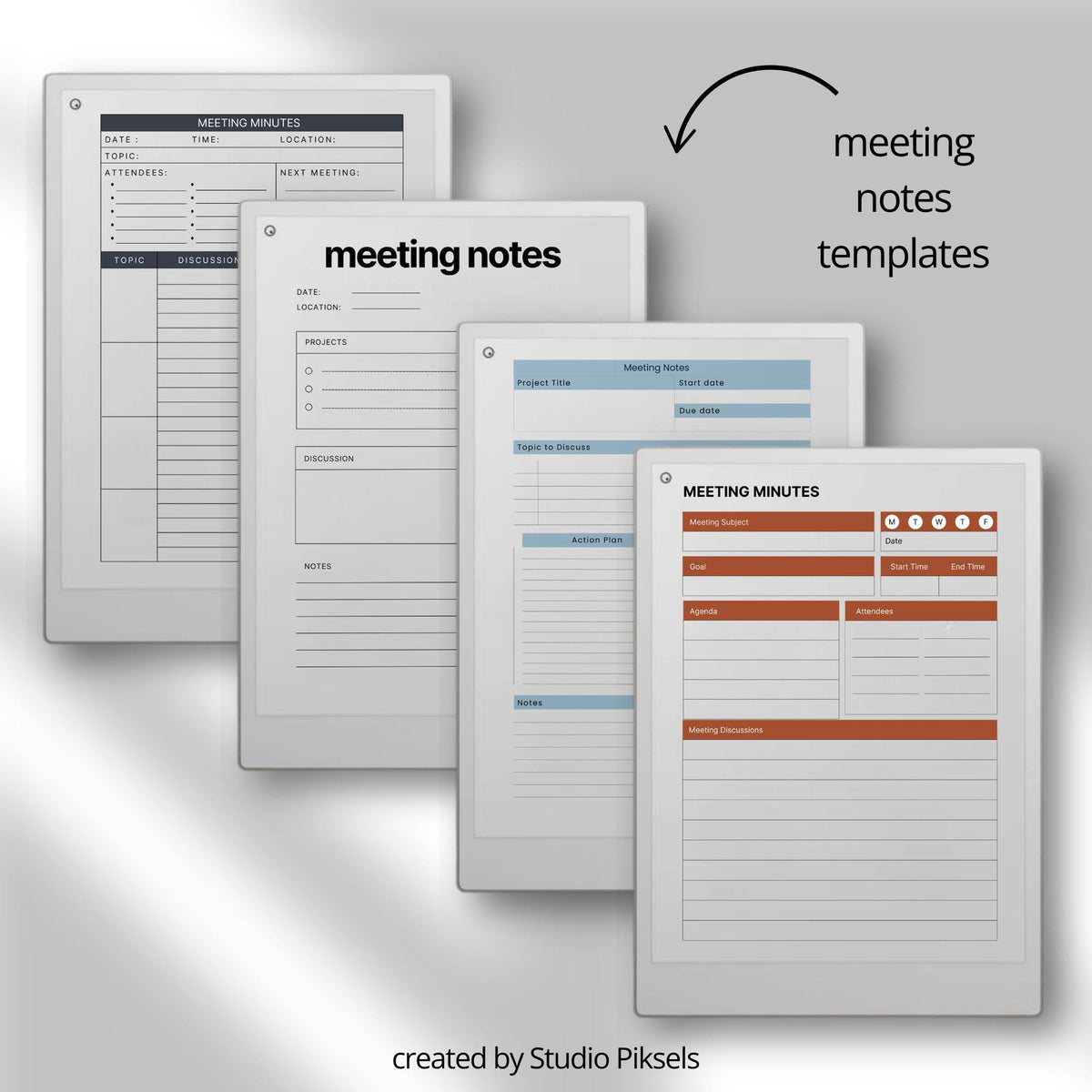 Starter Template Bundle for reMarkable Paper Pro with over 200 minimalist page layouts, productivity tracking forms, and clean digital note-taking templates.