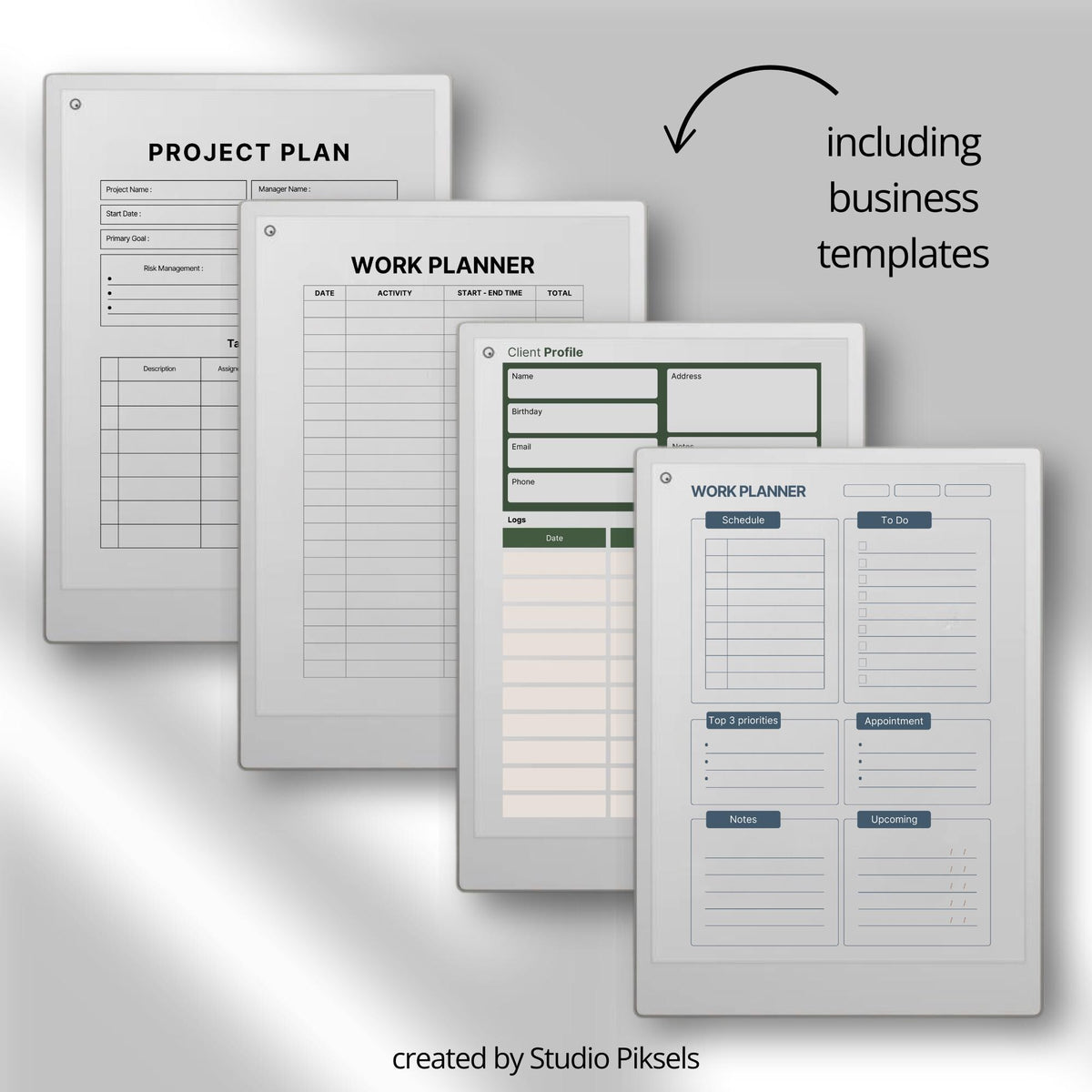 Starter Template Bundle for reMarkable Paper Pro with over 200 minimalist page layouts, productivity tracking forms, and clean digital note-taking templates.