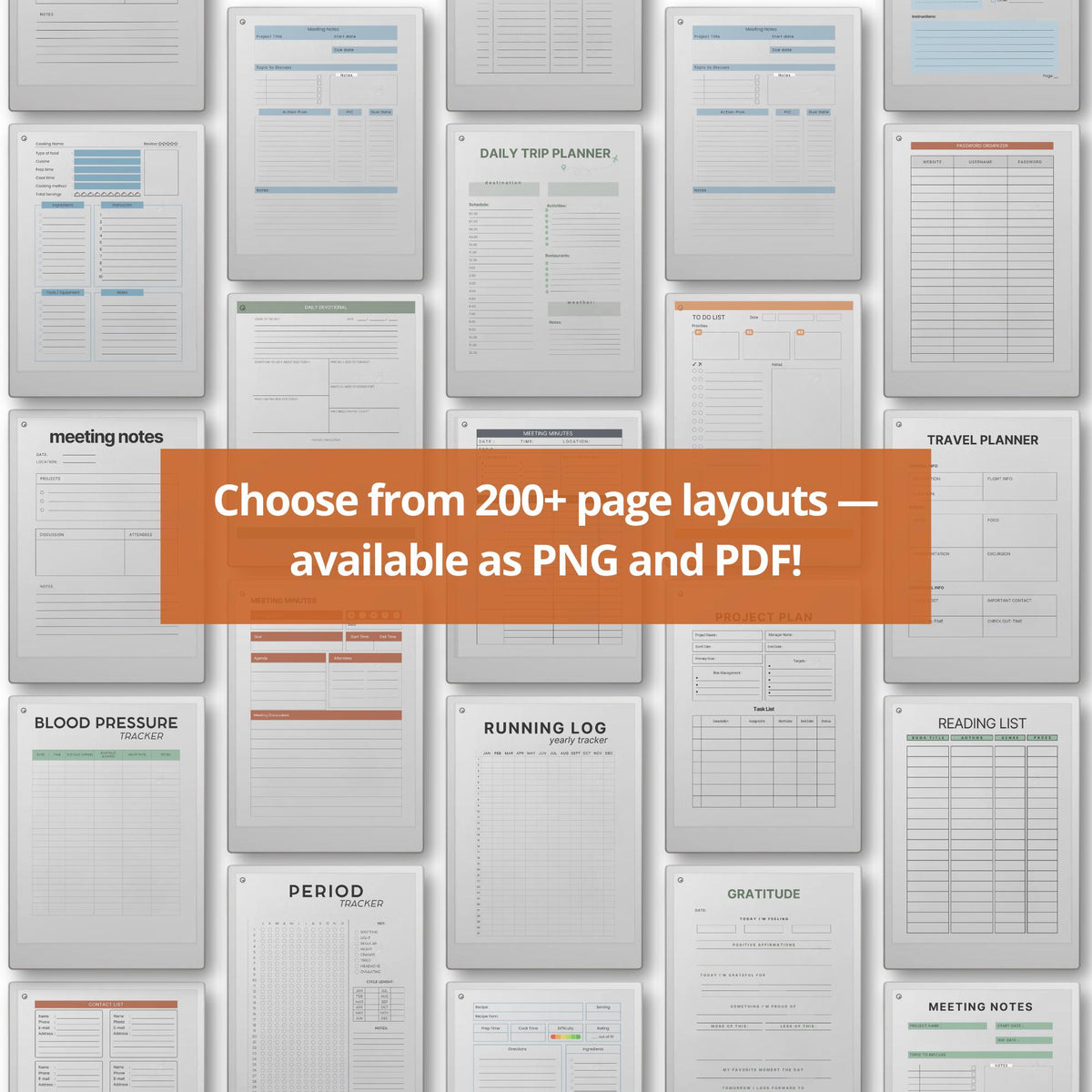Starter Template Bundle for reMarkable Paper Pro with over 200 minimalist page layouts, productivity tracking forms, and clean digital note-taking templates.