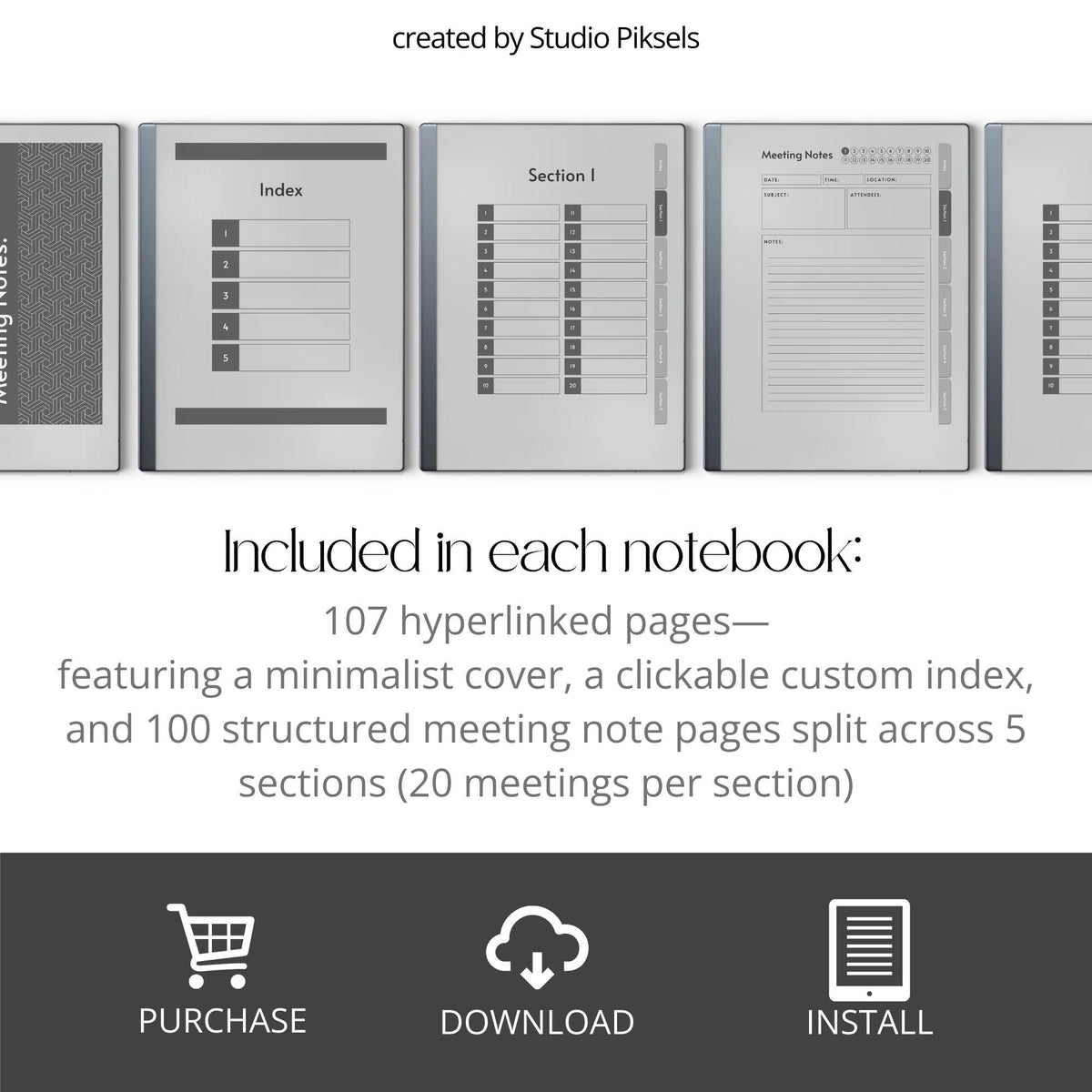 Meeting Minutes Notebook Bundle PDF for reMarkable 2 and Paper Pure with grayscale meeting pages, clickable navigation, and structured note templates